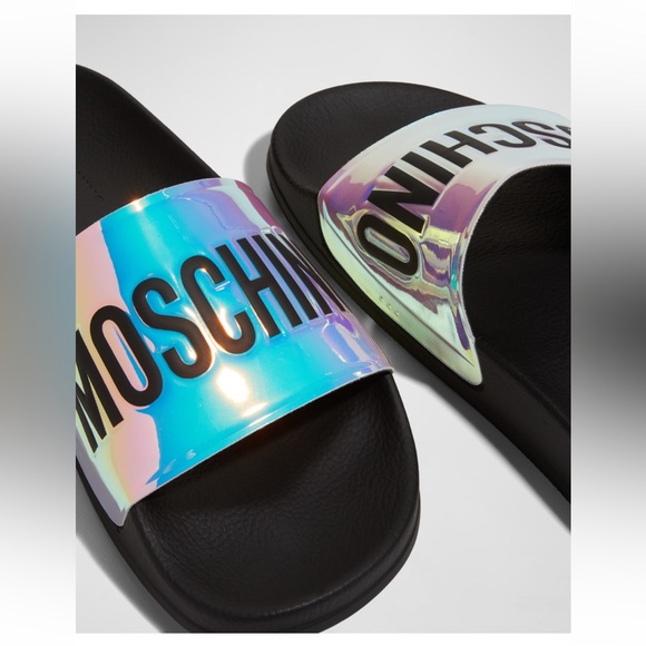 Moschino Men’s Oil-Slick Logo Rubber Pool Slides - Picture 2 of 5